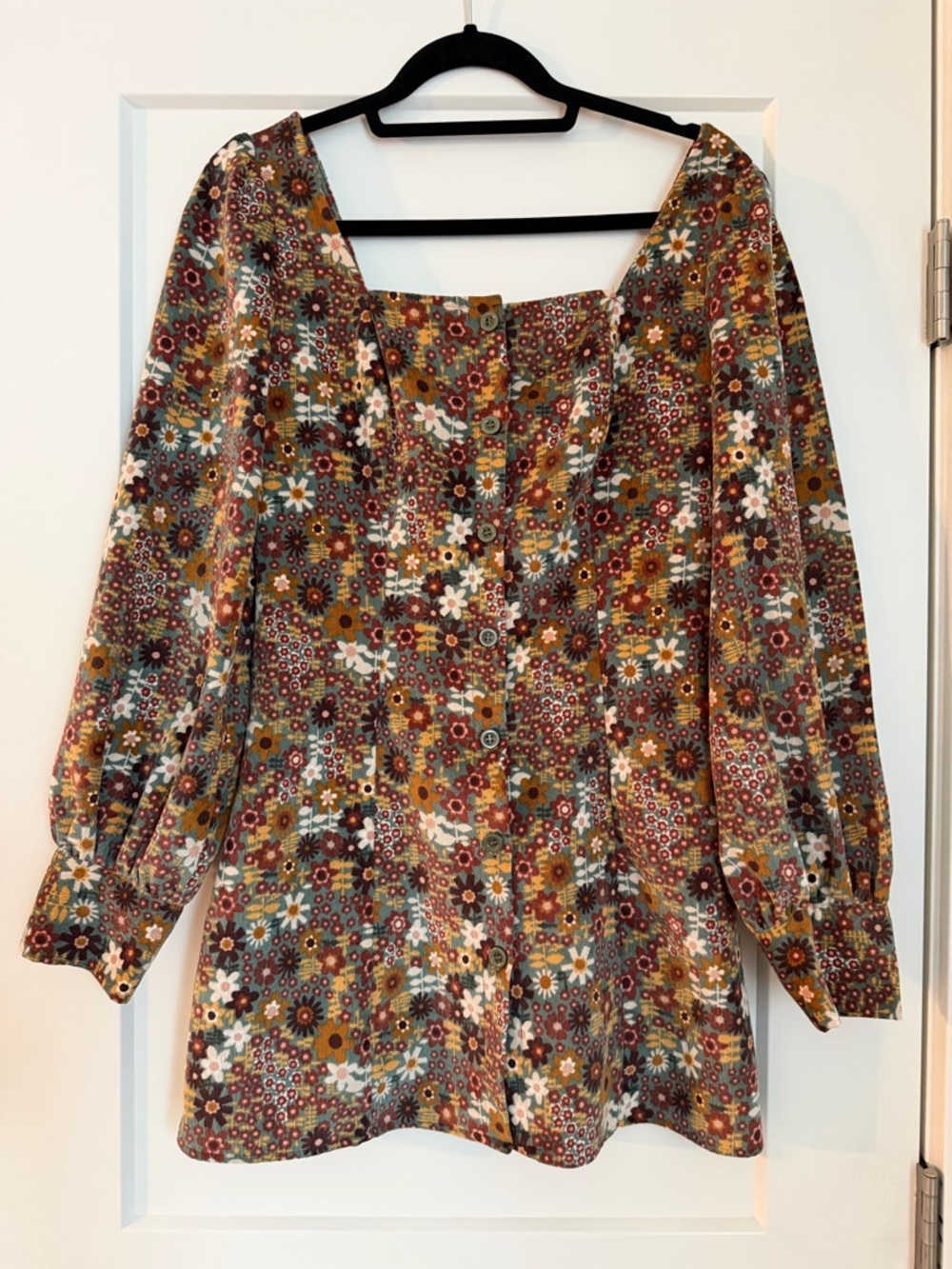 Cider Floral Square-Neck Button Blouse - Mustard, Rust, Green